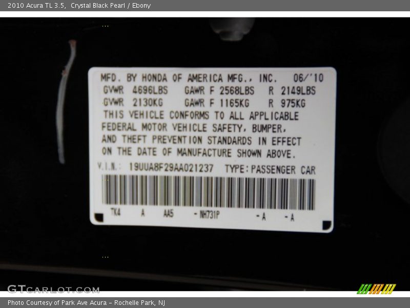 Crystal Black Pearl / Ebony 2010 Acura TL 3.5