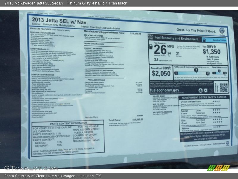 Platinum Gray Metallic / Titan Black 2013 Volkswagen Jetta SEL Sedan