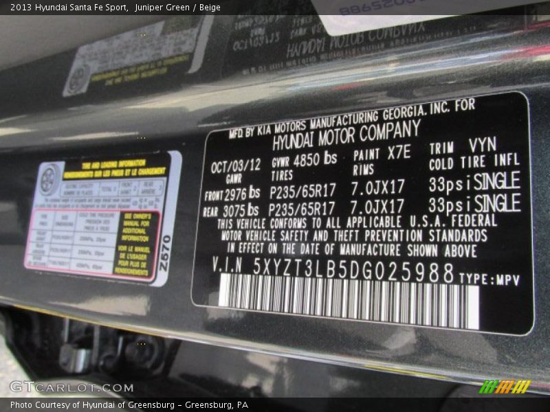 Juniper Green / Beige 2013 Hyundai Santa Fe Sport