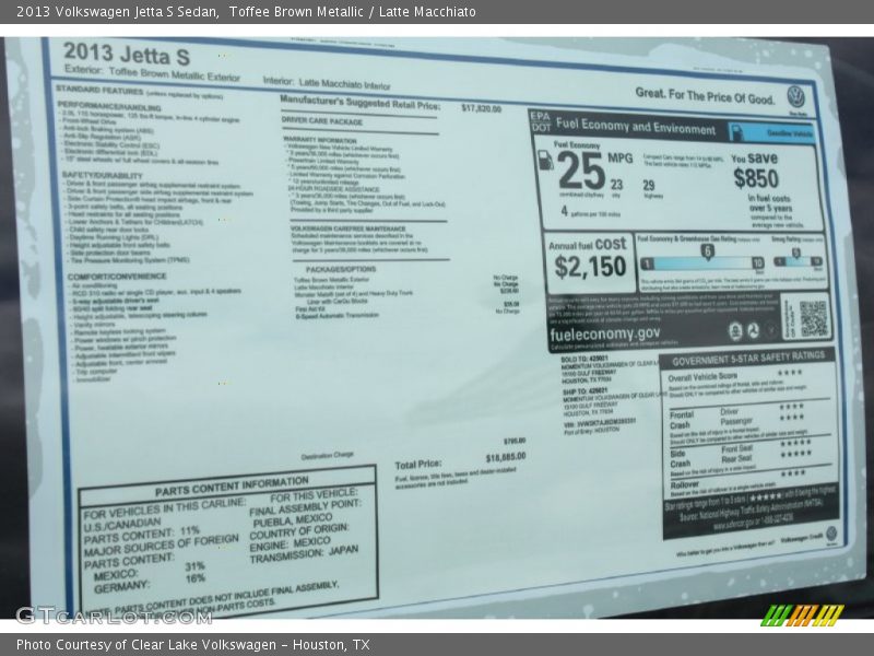 Toffee Brown Metallic / Latte Macchiato 2013 Volkswagen Jetta S Sedan