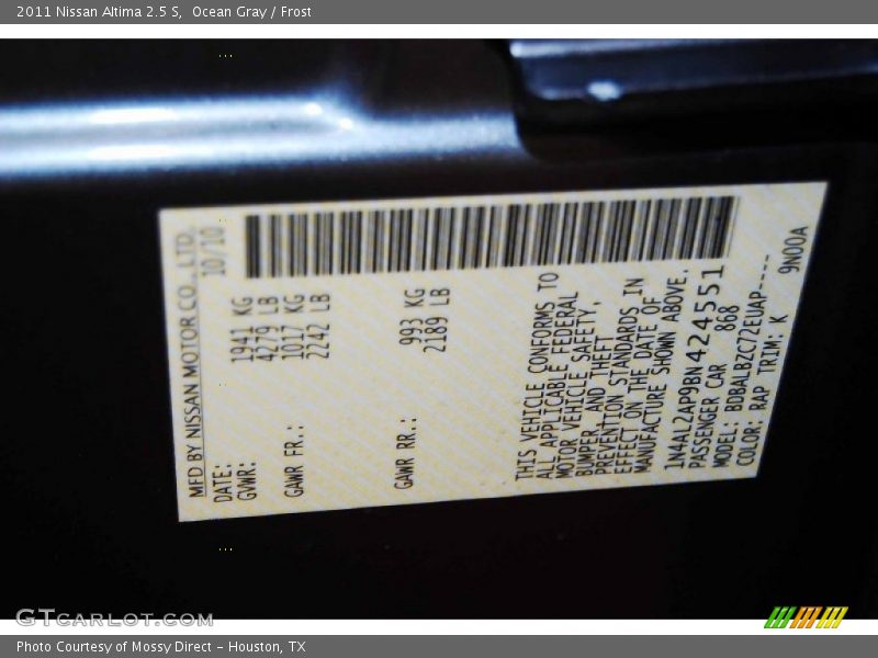 Ocean Gray / Frost 2011 Nissan Altima 2.5 S
