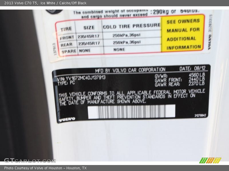 Ice White / Calcite/Off Black 2013 Volvo C70 T5