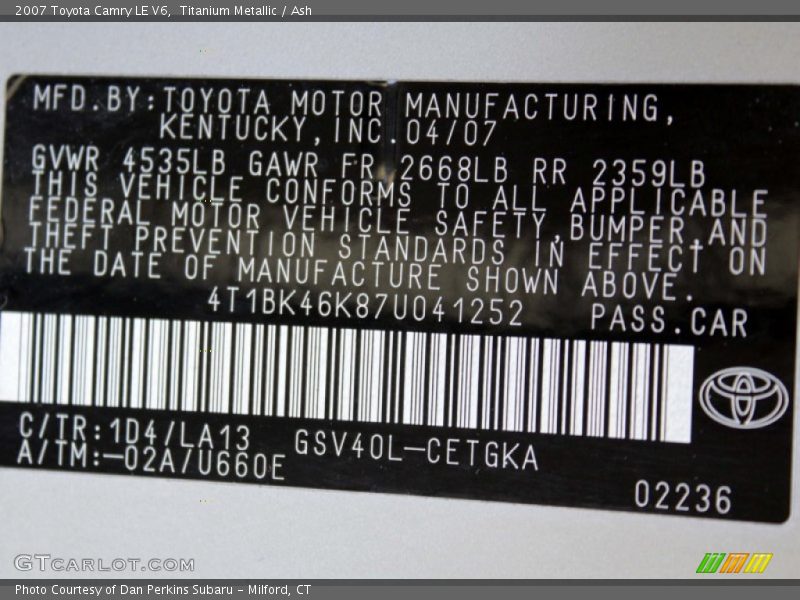 Titanium Metallic / Ash 2007 Toyota Camry LE V6