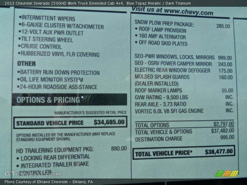 Blue Topaz Metallic / Dark Titanium 2013 Chevrolet Silverado 2500HD Work Truck Extended Cab 4x4
