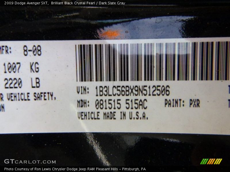 Brilliant Black Crystal Pearl / Dark Slate Gray 2009 Dodge Avenger SXT