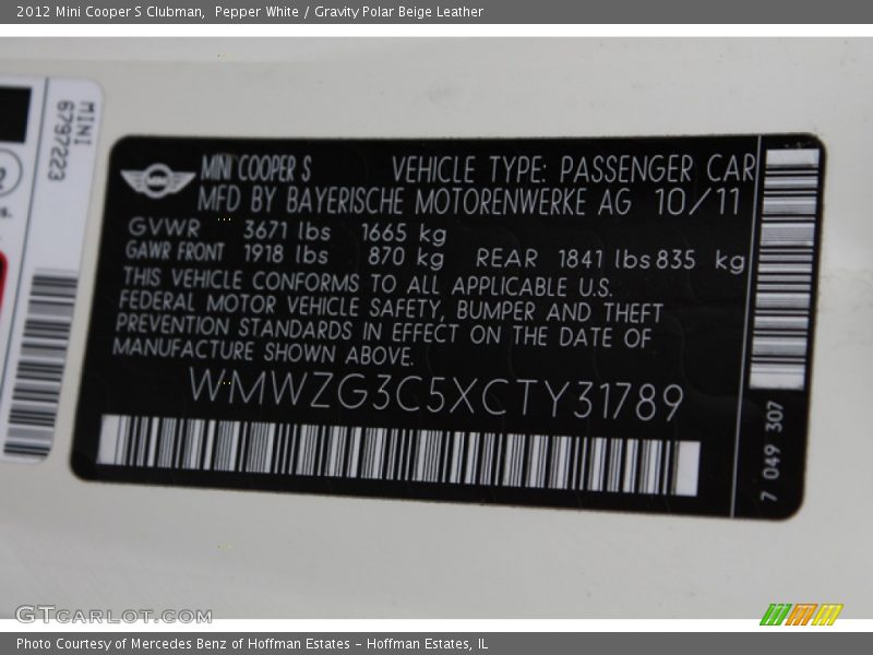 Pepper White / Gravity Polar Beige Leather 2012 Mini Cooper S Clubman