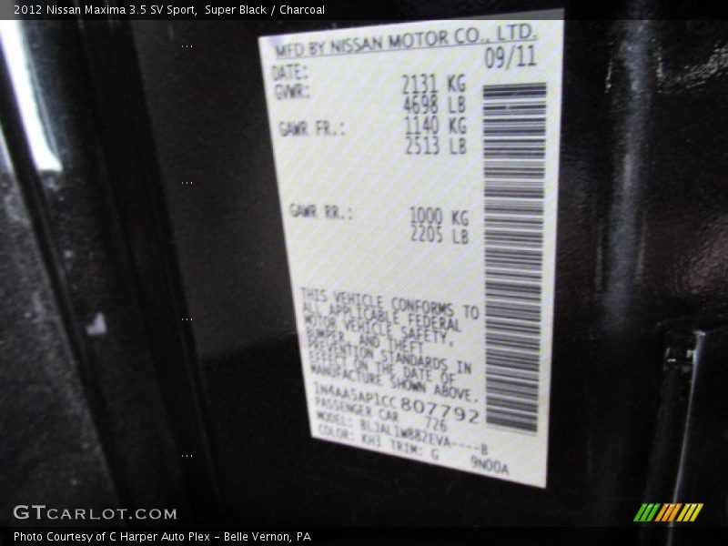 Super Black / Charcoal 2012 Nissan Maxima 3.5 SV Sport
