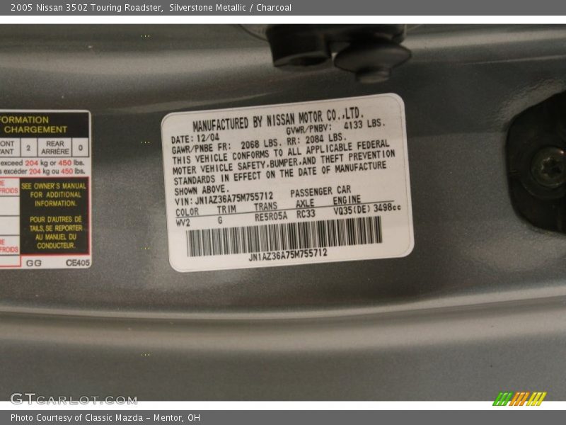 2005 350Z Touring Roadster Silverstone Metallic Color Code WV2