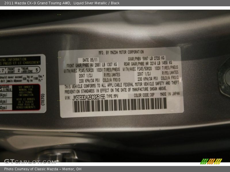 2011 CX-9 Grand Touring AWD Liquid Silver Metallic Color Code 38P
