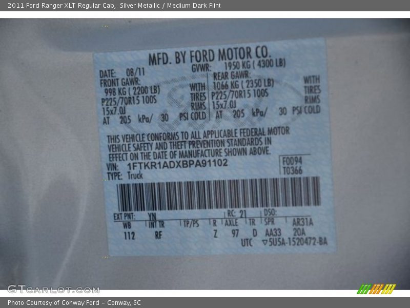 Silver Metallic / Medium Dark Flint 2011 Ford Ranger XLT Regular Cab