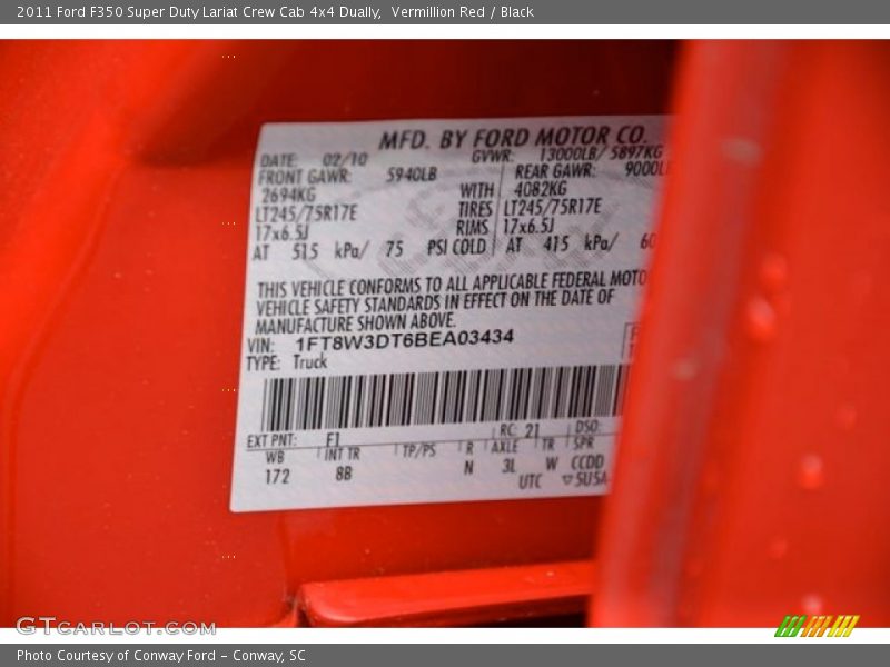 2011 F350 Super Duty Lariat Crew Cab 4x4 Dually Vermillion Red Color Code F1
