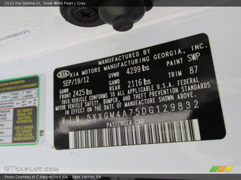 Snow White Pearl / Gray 2013 Kia Optima LX