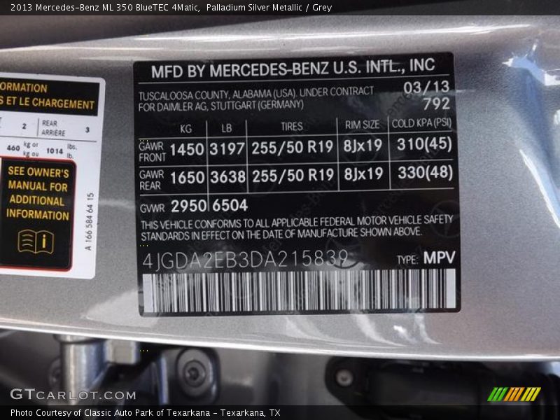 Palladium Silver Metallic / Grey 2013 Mercedes-Benz ML 350 BlueTEC 4Matic
