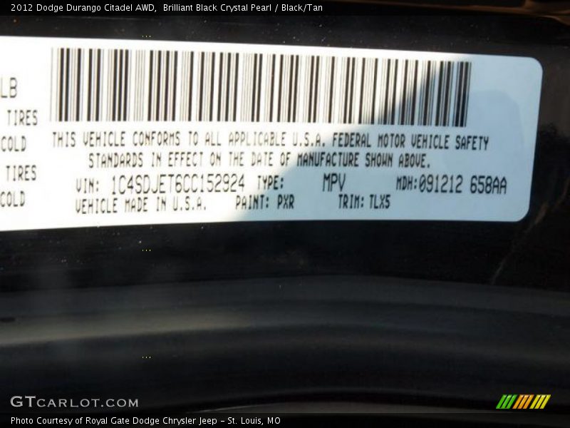 Brilliant Black Crystal Pearl / Black/Tan 2012 Dodge Durango Citadel AWD