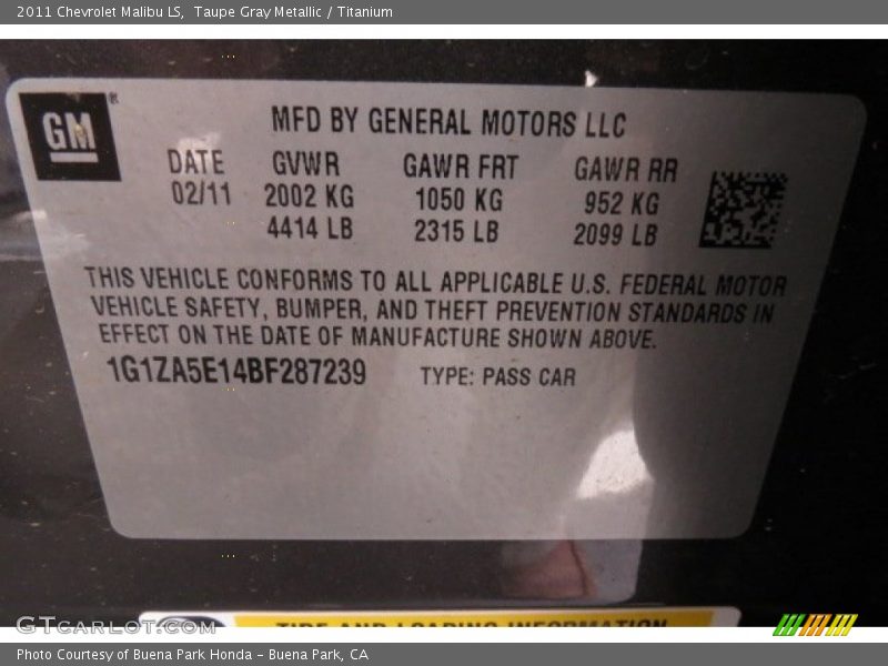 Taupe Gray Metallic / Titanium 2011 Chevrolet Malibu LS