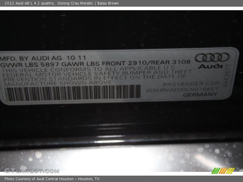 Oolong Gray Metallic / Balao Brown 2012 Audi A8 L 4.2 quattro