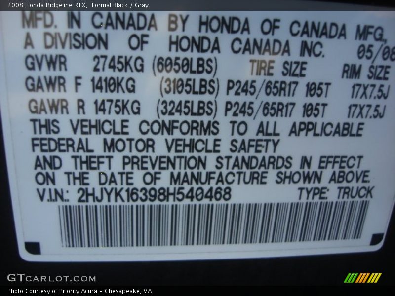 Formal Black / Gray 2008 Honda Ridgeline RTX
