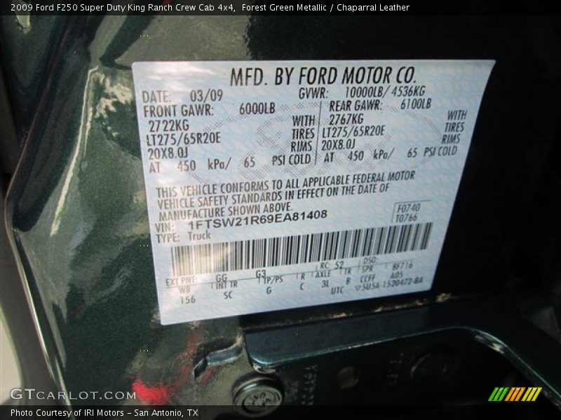2009 F250 Super Duty King Ranch Crew Cab 4x4 Forest Green Metallic Color Code GG