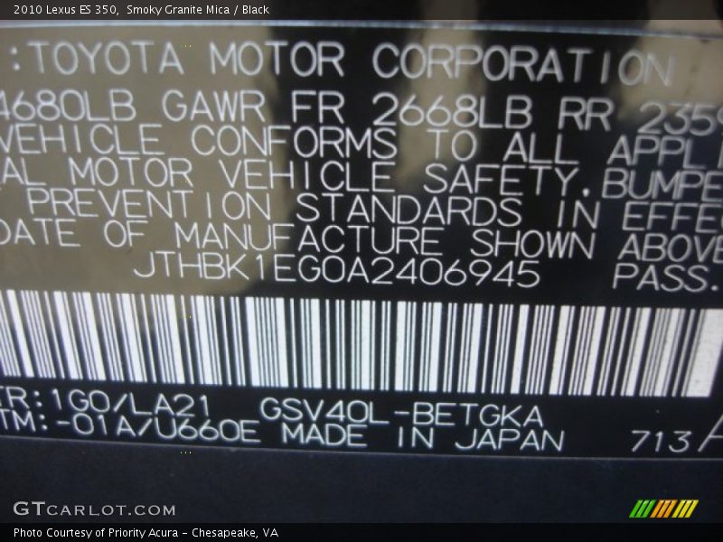 Smoky Granite Mica / Black 2010 Lexus ES 350