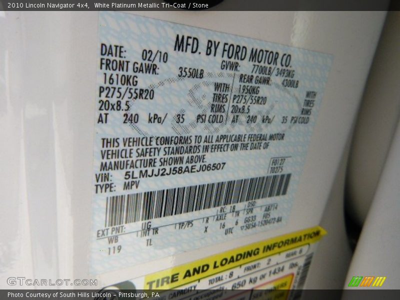2010 Navigator 4x4 White Platinum Metallic Tri-Coat Color Code UG