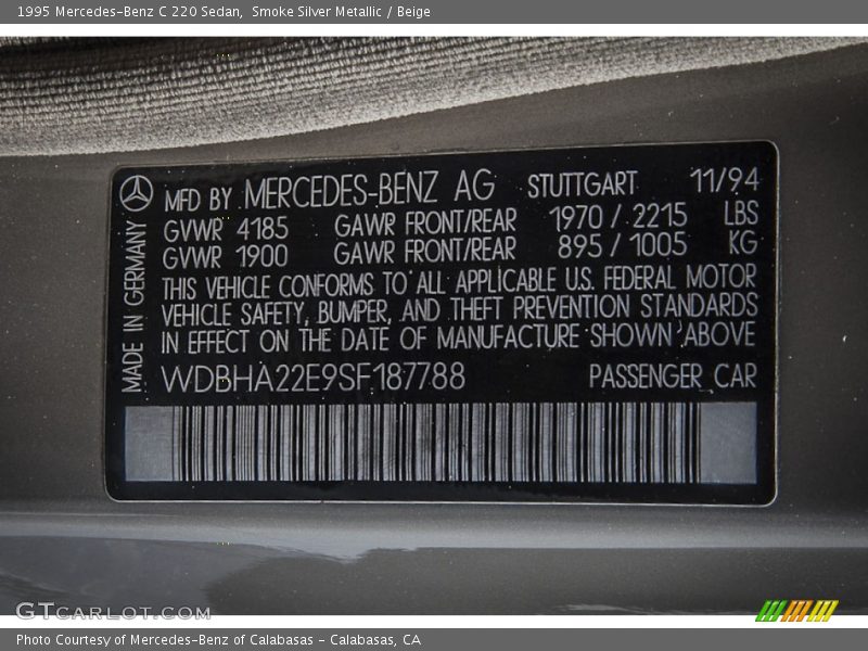 Info Tag of 1995 C 220 Sedan
