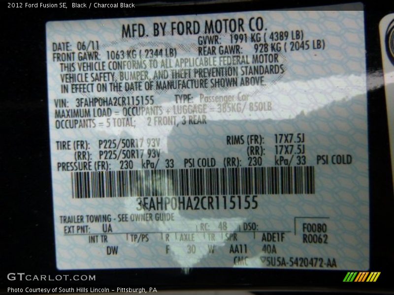 Black / Charcoal Black 2012 Ford Fusion SE