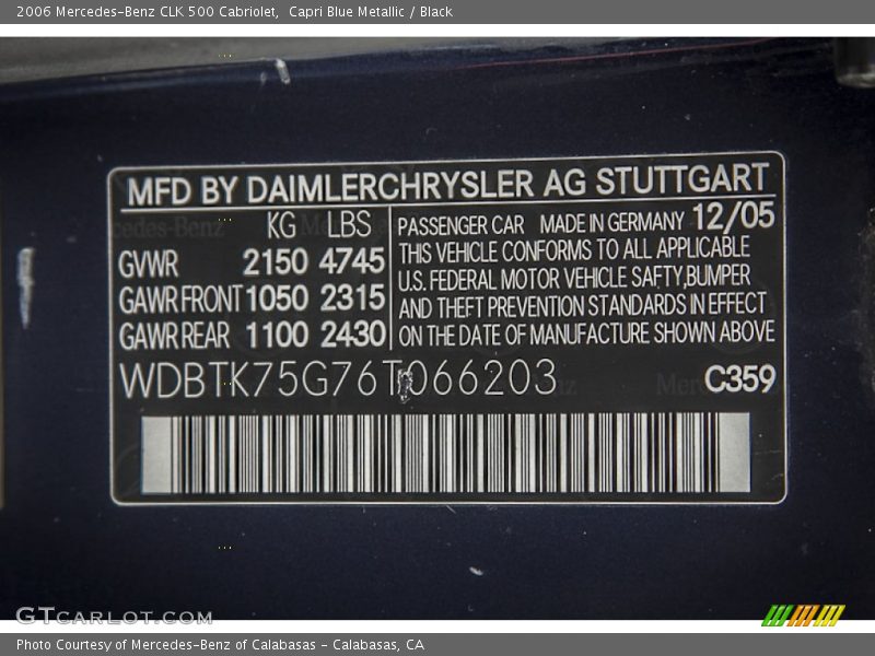 Capri Blue Metallic / Black 2006 Mercedes-Benz CLK 500 Cabriolet