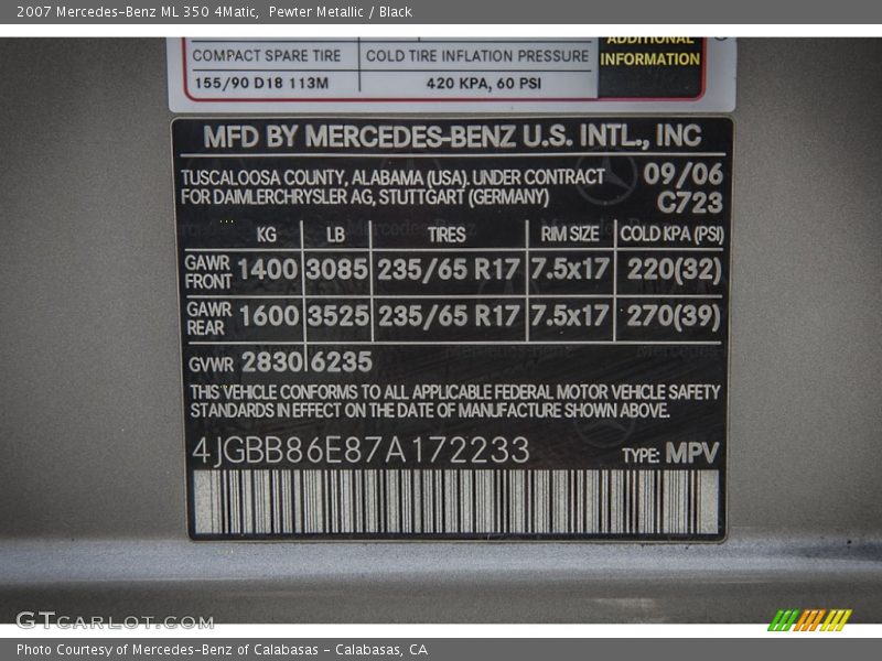 Pewter Metallic / Black 2007 Mercedes-Benz ML 350 4Matic