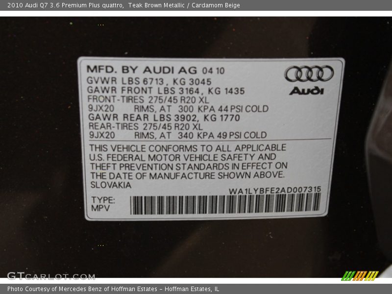Info Tag of 2010 Q7 3.6 Premium Plus quattro