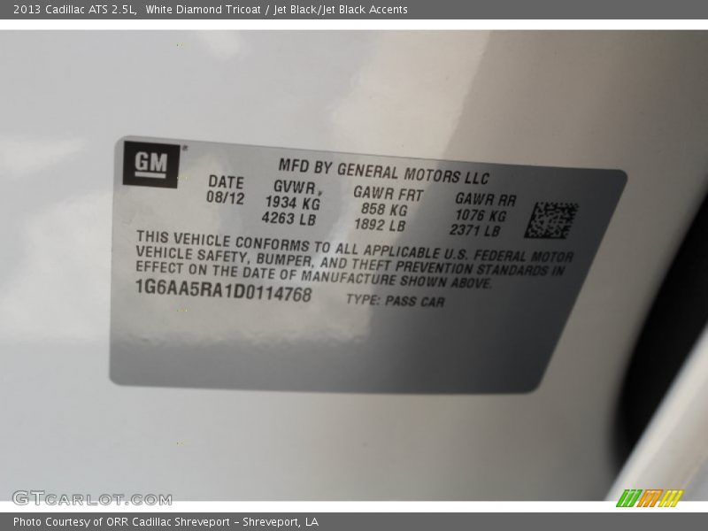White Diamond Tricoat / Jet Black/Jet Black Accents 2013 Cadillac ATS 2.5L