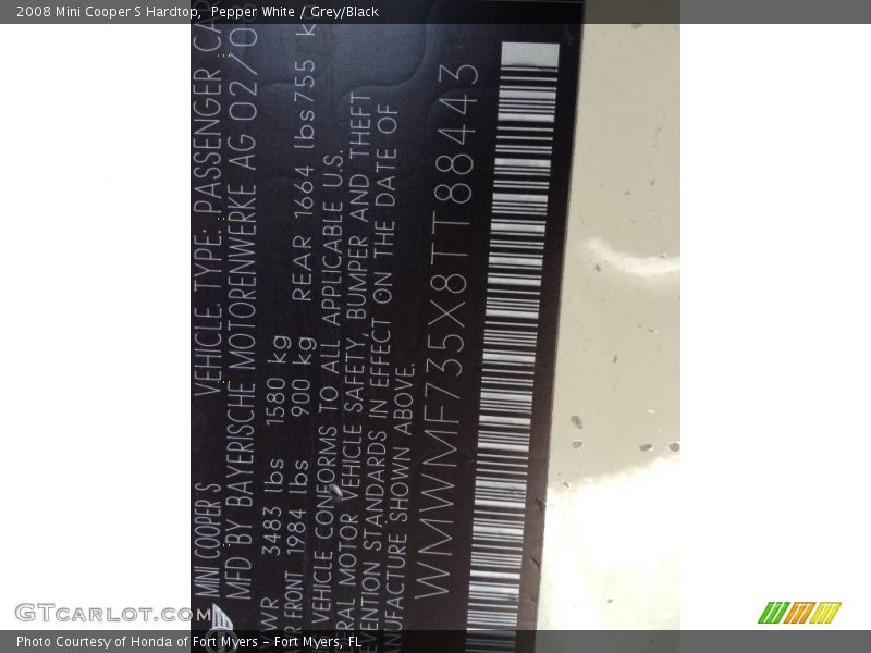 Pepper White / Grey/Black 2008 Mini Cooper S Hardtop