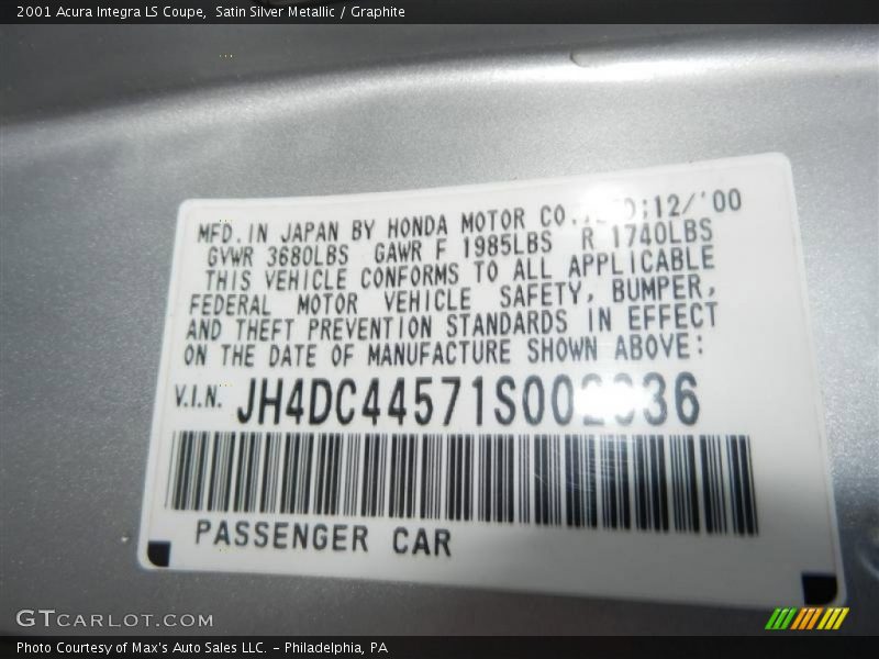 Info Tag of 2001 Integra LS Coupe