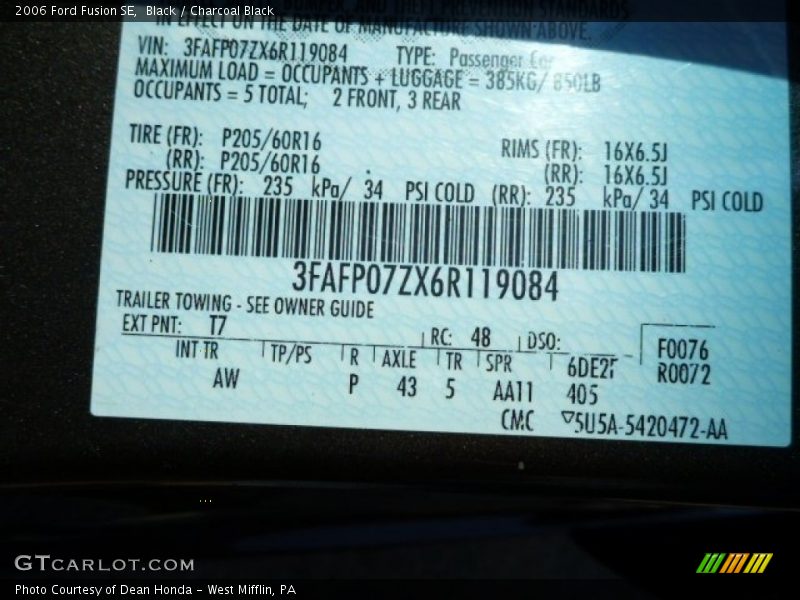 Black / Charcoal Black 2006 Ford Fusion SE