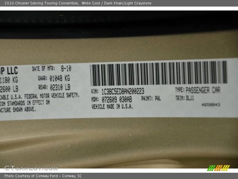 2010 Sebring Touring Convertible White Gold Color Code PWL