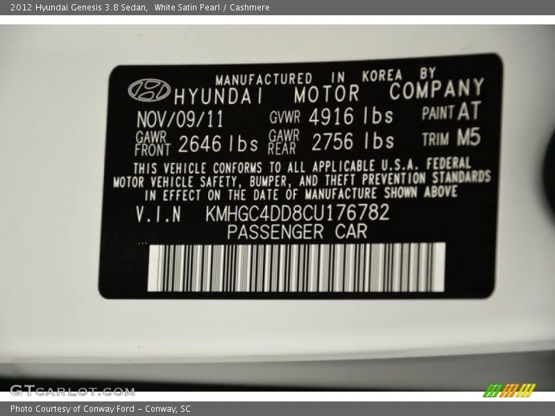 White Satin Pearl / Cashmere 2012 Hyundai Genesis 3.8 Sedan
