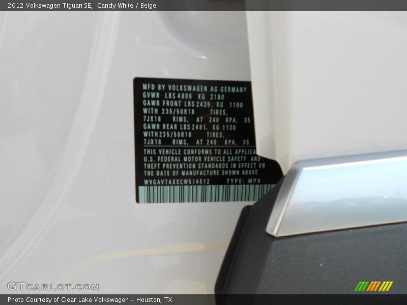 Candy White / Beige 2012 Volkswagen Tiguan SE