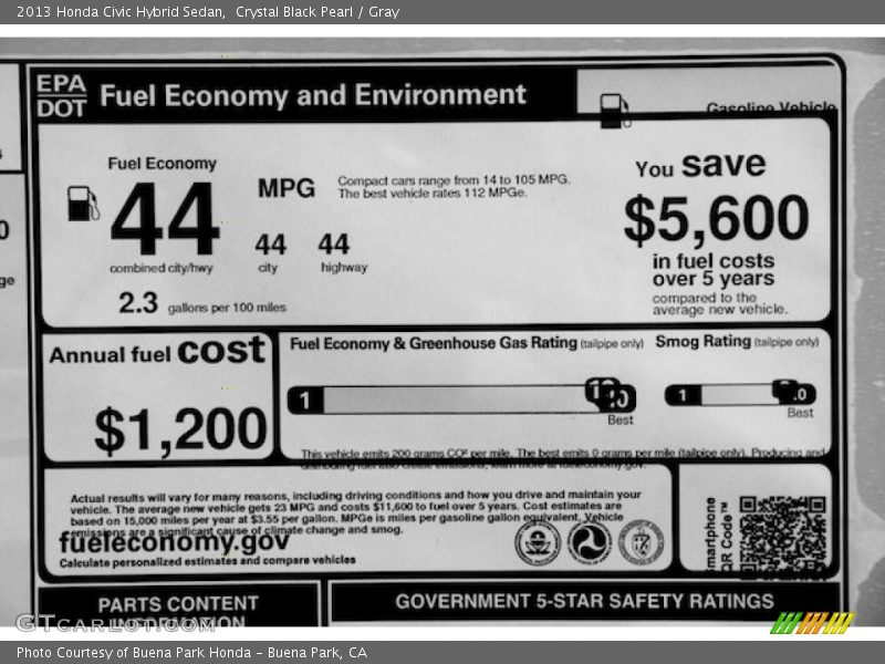 Crystal Black Pearl / Gray 2013 Honda Civic Hybrid Sedan