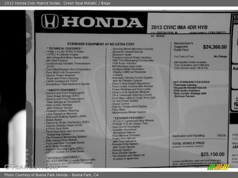  2013 Civic Hybrid Sedan Window Sticker