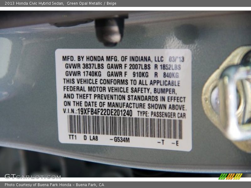 2013 Civic Hybrid Sedan Green Opal Metallic Color Code G534M