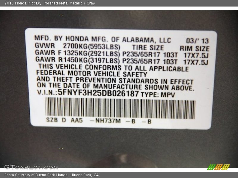 Polished Metal Metallic / Gray 2013 Honda Pilot LX