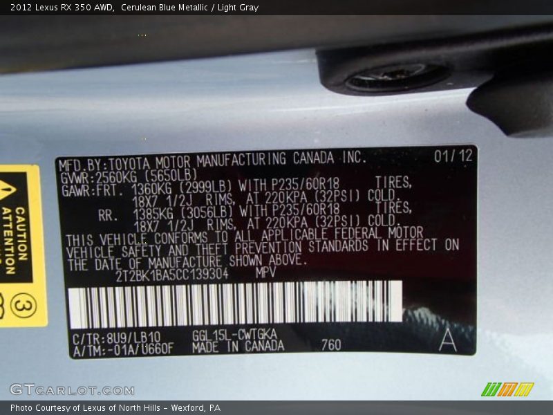 Cerulean Blue Metallic / Light Gray 2012 Lexus RX 350 AWD