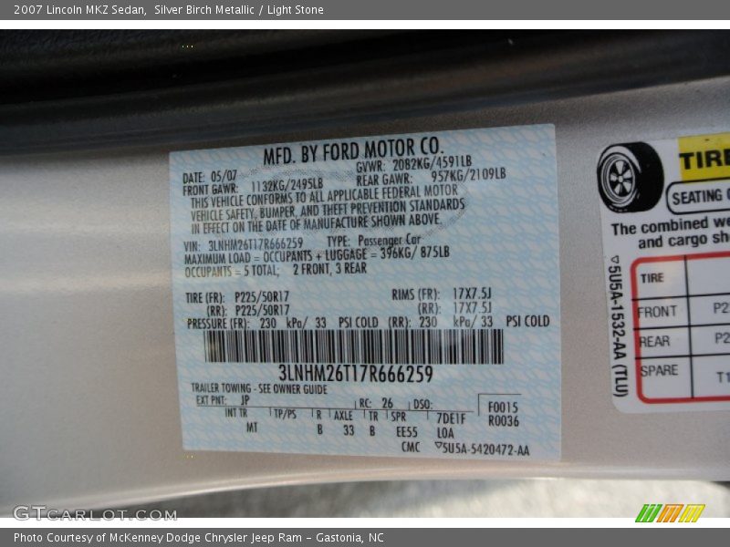 Silver Birch Metallic / Light Stone 2007 Lincoln MKZ Sedan