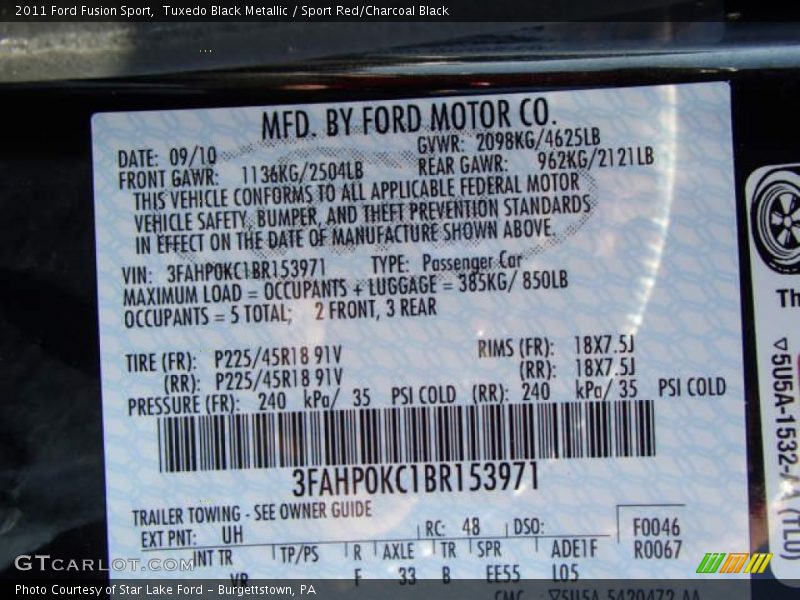 Tuxedo Black Metallic / Sport Red/Charcoal Black 2011 Ford Fusion Sport