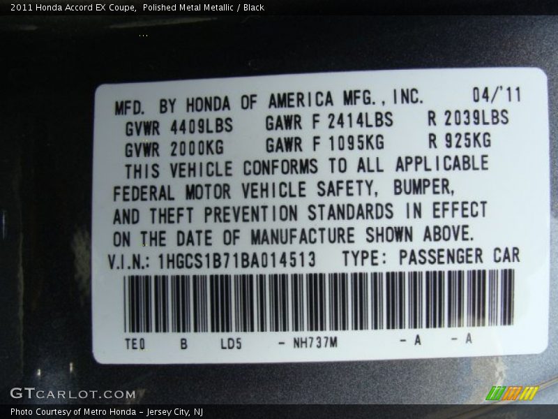 Polished Metal Metallic / Black 2011 Honda Accord EX Coupe