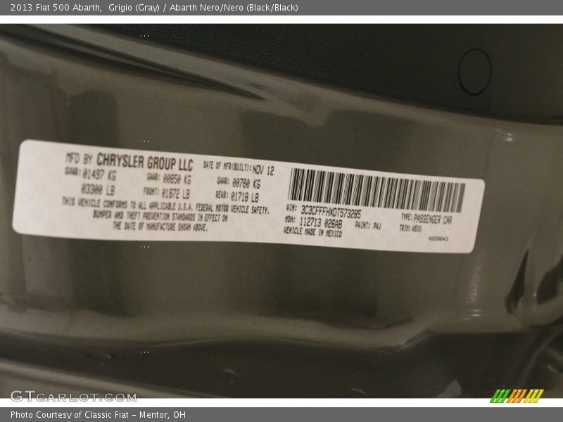 2013 500 Abarth Grigio (Gray) Color Code PAJ