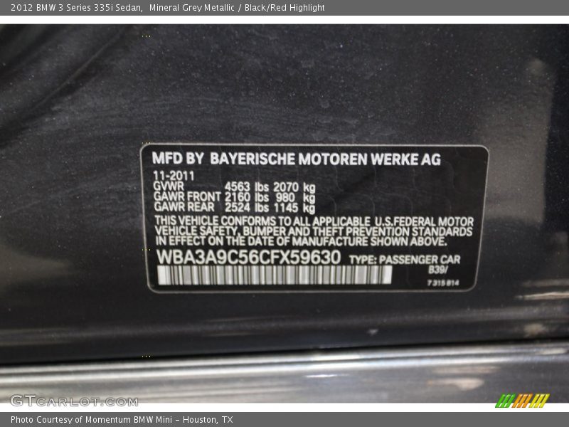 2012 3 Series 335i Sedan Mineral Grey Metallic Color Code B39