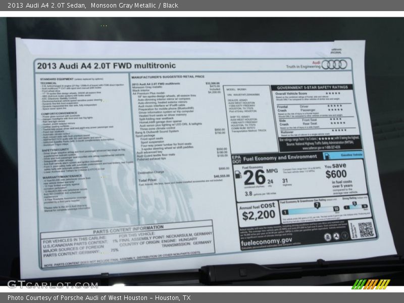  2013 A4 2.0T Sedan Window Sticker