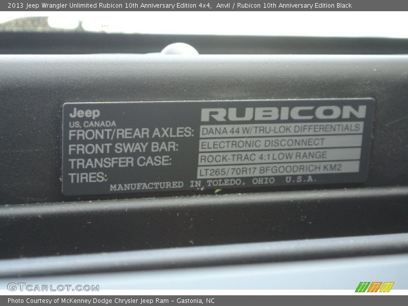 Info Tag of 2013 Wrangler Unlimited Rubicon 10th Anniversary Edition 4x4