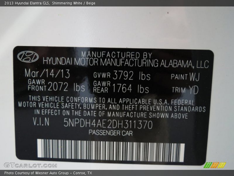 Shimmering White / Beige 2013 Hyundai Elantra GLS