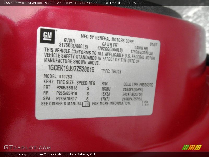 Sport Red Metallic / Ebony Black 2007 Chevrolet Silverado 1500 LT Z71 Extended Cab 4x4